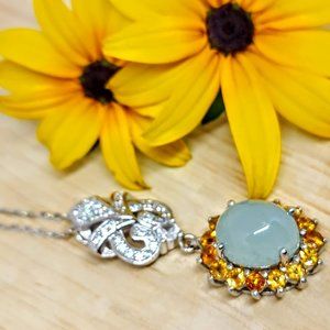 Natural Oval Aquamarine, Citrine & CZ 925 Sterling Silver Necklace.